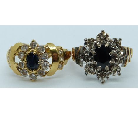 A 9ct gold ring set with a sapphire and diamonds and another yellow metal ring set with paste, size 9.1g