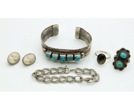 A pair of Victorian cameo earrings, white metal bangle set with turquoise and two silver rings&nbsp;