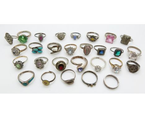 A collection of over 18 silver rings set with paste, turquoise, opal boulder etc&nbsp;