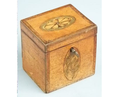 Georgian inlaid fruitwood or satinwood tea caddy with inlaid decoration, W9.5cm&nbsp;