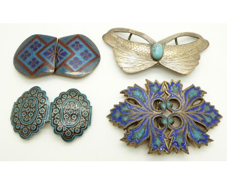 A white metal belt buckle set with enamel, butterfly belt buckle and two enamel examples&nbsp;