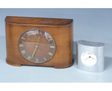 1950s 'Time Saver' clock with utility Roman dial and a Baskerville mantel clock in aluminium case