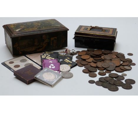 A collection of largely UK sundry coinage, Queen Victoria onwards, in two vintage tins