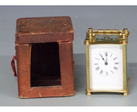 19thC R &amp; C of Paris brass cased carriage clock with enamel Roman dial and spade hands, raised on bun feet, with original