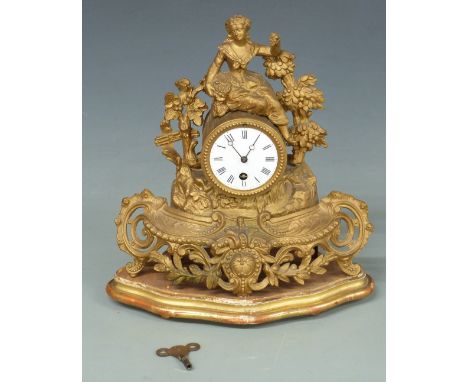 19thC&nbsp;French figural mantel clock, the Roman enamel dial with Breguet hands, the single train movement numbered 5458, ra