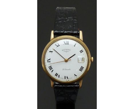 Rotary 9ct gold gentleman's wristwatch with date aperture, black hands and Roman numerals, white enamel dial and 21 jewel mov