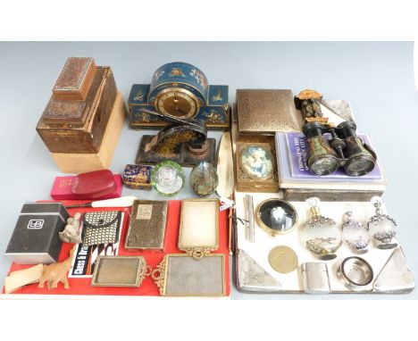 Collectables including a Smiths Sectric mantel clock with chinoiserie decoration, desk press/seal for Glamorgan Estates limit