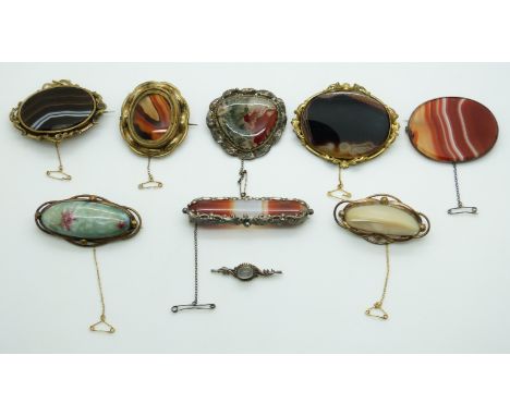 Victorian brooch set with moss agate, pinchbeck brooch set with agate, ceramic brooch and mother of pearl brooch