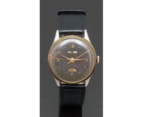 Steelco triple calendar gentleman's wristwatch with moon phase&nbsp;day and month apertures, outer date ring, gold hands and 