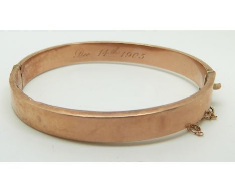 Edwardian 9ct rose gold bangle, Birmingham 1904/1905, 8.3g