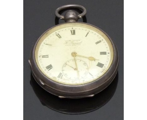 H Samuel of Manchester hallmarked silver open faced pocket watch with inset subsidiary seconds dials, gold hands, black Roman
