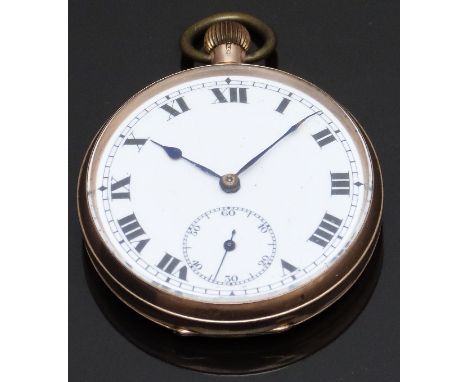 9ct gold keyless winding open faced pocket watch with inset subsidiary seconds dial, blued hands, black Roman numerals, white
