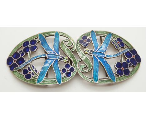 Art Nouveau white metal belt buckle with enamel decoration depicting two dragonflies, marked silver, width 10.5cm, weight 40g
