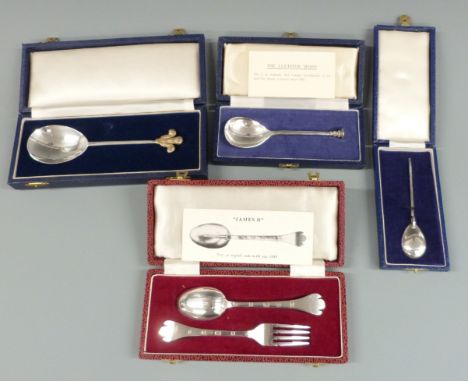 Four cased hallmarked silver replica historic spoons and fork including Roman, seal top and James II, weight 133g