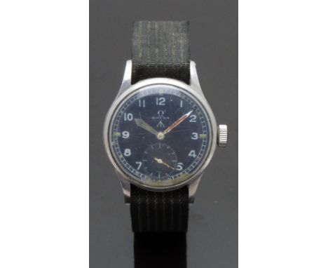 Omega gentleman's military wristwatch with subsidiary seconds dial, luminous hands, railroad minute track, black dial and sta