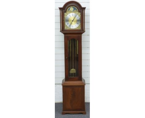 20thC grandmother longcase clock in earlier style, the mahogany case with glazed door, the two tone metal Roman dial with Ara