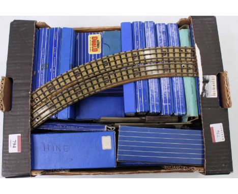 Small supermarket tray full of mainly boxed Hornby-Dublo 3-rail track. ‘Something of everything’ including straights, large r