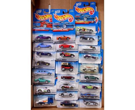 25 various carded Hotwheels Mattel diecast vehicles, all on original backing cards, to include Mercedes 540K, Sugar Rush Mazd