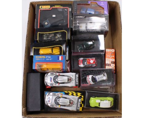 A tray containing a quantity of mixed 1/43rd diecast and Scalextric cars, with specific examples including a Universal Hobbie