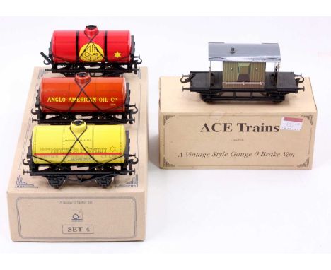 Three ACE Trains petrol tank wagons &amp; goods brake van: Tanks set 4 comprising Anglo American Oil; BP Motor Spirit &amp; C