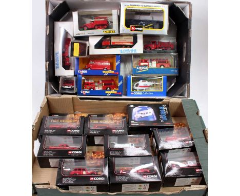 Two trays containing a collection of mixed emergency service related diecast to include Corgi Toys, Bburago, Verem and others