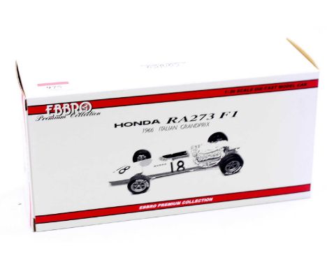 An Ebbro Premium Collection 1/24 scale diecast model of a Honda RA273 Formula One 1966 Italian Grand Prix race car, housed in