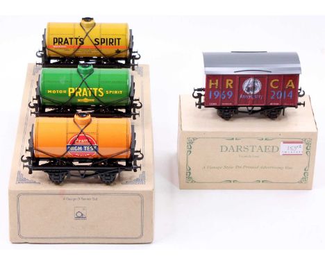 Three ACE Trains petrol tank wagons Set No.3 (but not stated on box) comprising Pratts High Test orange; Pratts Spirit green 