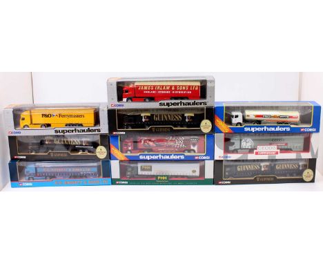 10 boxed Corgi Superhaulers 1/64th scale diecasts, with specific examples to include No. 59530 Volvo Tanker "Guinness", No. 5