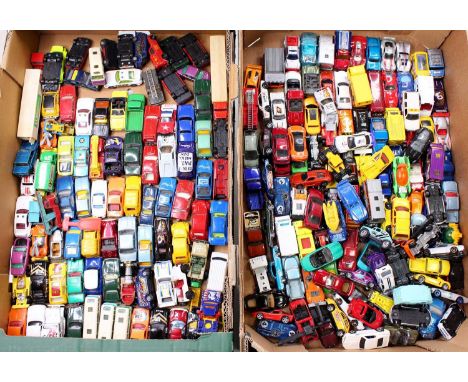 Two trays containing a collection of mixed playworn and loose diecast to include Corgi Rockets, Corgi Juniors, Hotwheels and 