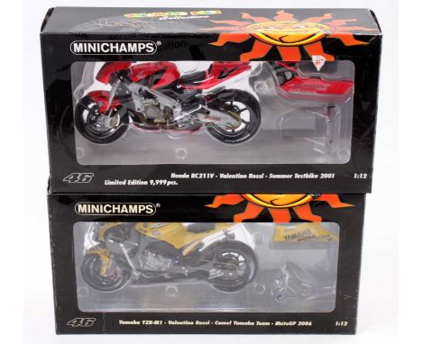 2 Minichamps 1/12 scale Motorcycles as ridden by Valentino Rossi comprising No. 122 017946 Honda RC211V summer test bike 2001