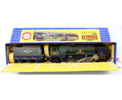 3235 Hornby-Dublo 3-rail ‘Dorchester’ loco &amp; tender BR lined green 34042. Driving wheels R/h side have been removed (but 