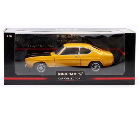 Minichamps No.150 089070 1/18th scale model of a Ford Capri RS 1970 finished in yellow, housed in the original window box