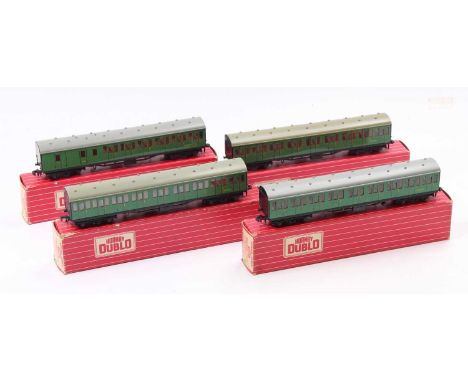 Four Hornby-Dublo Super Detail suburban coaches, BR(S) green: 4081, 3 x 1st /2nd and one 4082 br/2nd. Very early small signs 