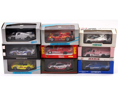 A collection of 9 Minichamps, Onyx, and Vitesse 1/43rd scale racing cars, specific examples include a Minichamps Mclaren Coll
