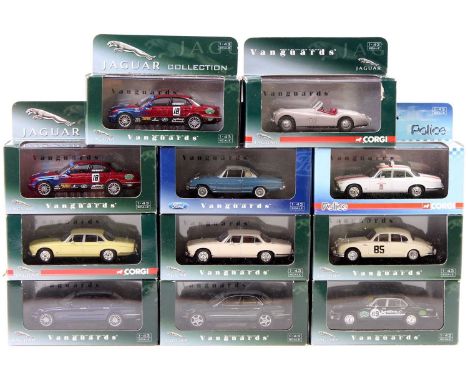 11 boxed Corgi and Lledo Vanguards 1/43rd scale models, specific examples include VA 08606 Jaguar XJ6 Racing, VA08404 Jaguar 