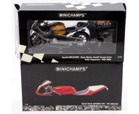 2 boxed Minichamps 1/12 scale Motorcycles comprising No. 122 011200 Ducati 996 RS Superbike 2001 "Neil Hodgson", one handle g