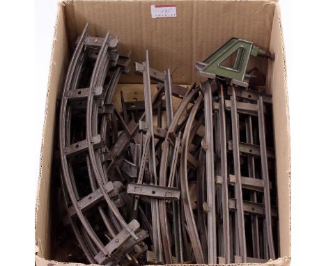 A small quantity of very early Hornby clockwork track including 3 points, a buffer with ‘Meccano’ across the beam, some curve