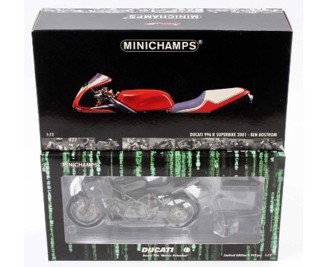 2 boxed Minichamps 1/12 scale Motorcycles comprising No. 122 120002 Ducati 996 from the film "Matrix Reloaded", and No. 122 0