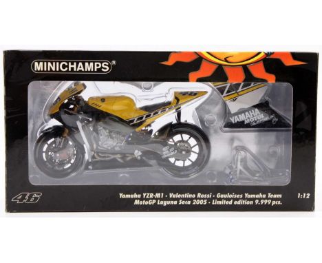 A Minichamps 1/12 scale Motorcycle No. 122 053096 Yamaha YZR-M1 Gauloises Yamaha Team MotoGP Laguna Seca 2005 "Valentino Ross