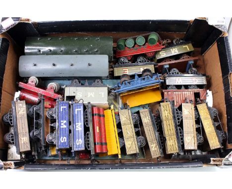 Large tray containing approx. 22 Hornby assorted  4-wheel wagons from all  eras, two home-made bogie coaches painted in army 
