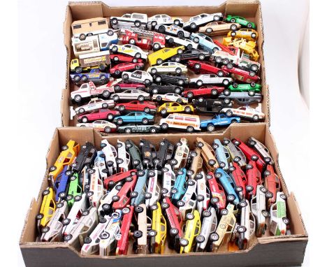 Two trays containing a collection of mixed scale mainly Corgi loose and playworn diecast vehicles, to include a Bburago Peuge