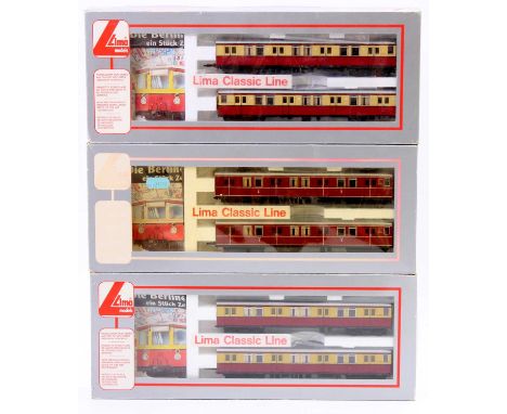 A Lima H0 scale Classic Line boxed Berliner S-Bahn tram group, two identical examples, finished in maroon and cream, together