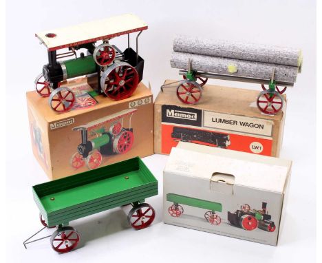Mamod Steam Engine and Accessory group, 3 boxed examples to include Mamod Steam Tractor, Lumber Wagon and Open Wagon, all hou
