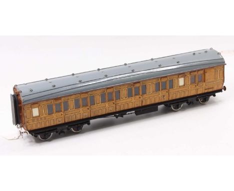 10mm scale LNER ex GER suburban corridor brake composite coach no.63635, teak sides, black chassis, grey roof, sprung buffers