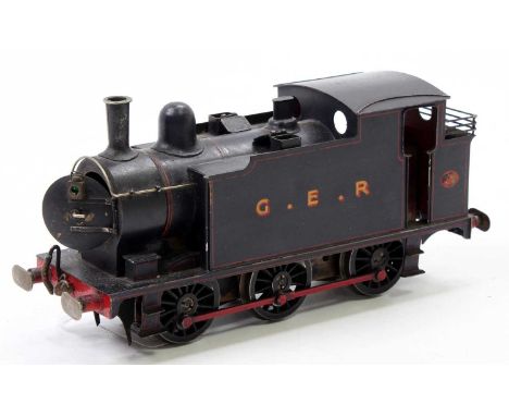 0 gauge probably kit-built model of GER 77, 0-6-0 tank loco, blue with red lining. Coarse scale wheels with a large electric 