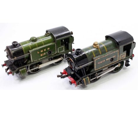 Two No.1 Special tank locos, clockwork, 0-4-0. 1929-35 LNER green 8123, a few dents, transfers badly worn, noticeable chips. 