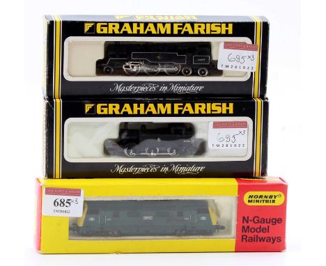 Three N gauge locos: Minitrix 206, class 42 diesel ‘Hermes’; Farish 1656 2-6-4 tank BR 80079; Farish 1735 0-6-0 tank BR 47394