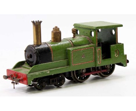 Wooden home-made model of a ‘make believe’ 4-4-0 tank loco powered by a large, heavy motor, voltage not ascertained. Crazed l