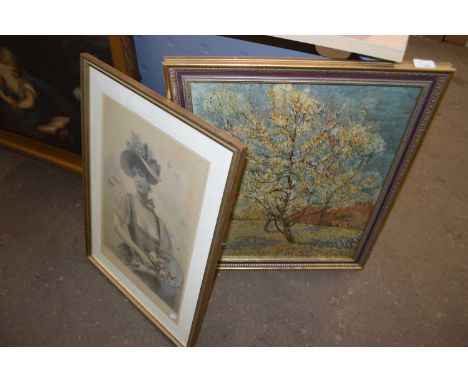 Coloured print, butterflies together with a further Van Gogh print of blossoming trees (2)
