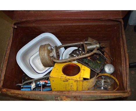 Metal trunk containing vintage lantern, warning light, iron book stand, enamel wares etc